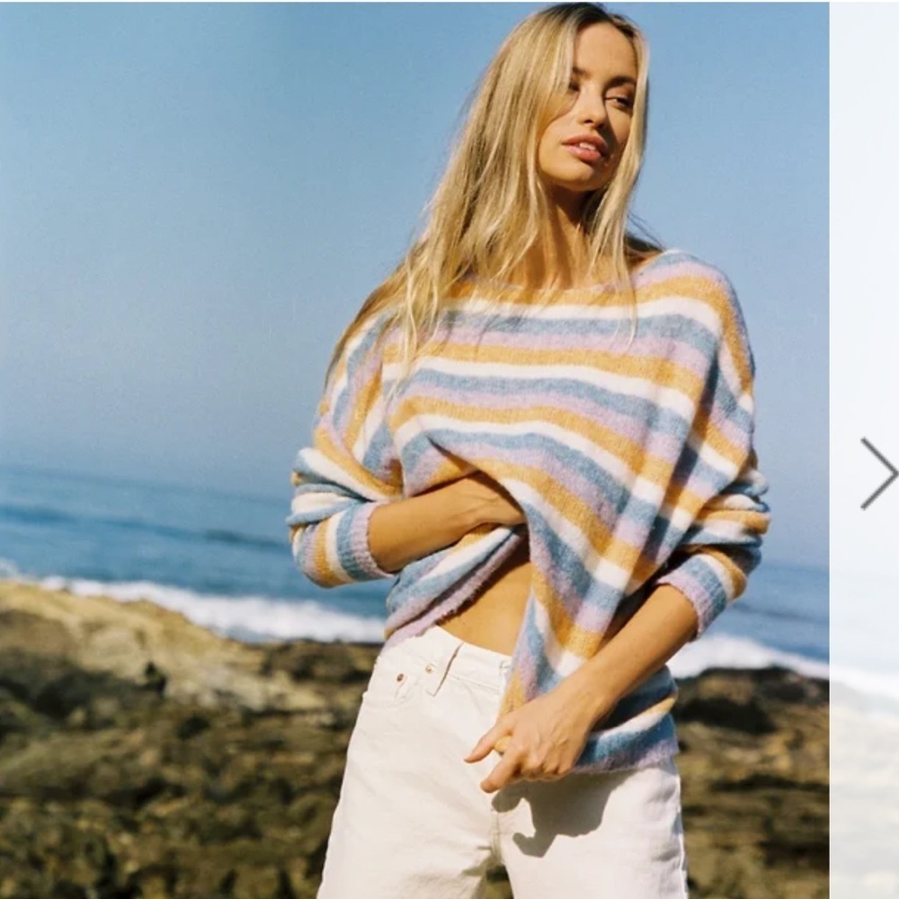L*Space Cozy Clouds Blue and Yellow Striped Sweater Alpaca Wool Blend